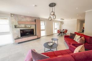 a living room with a red couch and a fireplace at Kriechel's Terroir in Bad Neuenahr-Ahrweiler