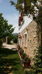 un edificio de piedra con macetas al costado. en Casa Rural Fuentetrigo, en Brizuela