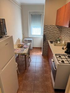 a kitchen with a refrigerator and a table in it at Panoráma Apartman in Makó
