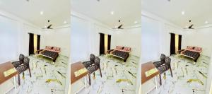 two pictures of a waiting room with chairs and tables at Shantivan Retreat AC Home Stay in Gaushala