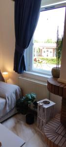 KalloniにあるAntissa House in Carpe Diem Villas and Housesのベッドルーム1室(ベッド1台付)、鉢植えの窓