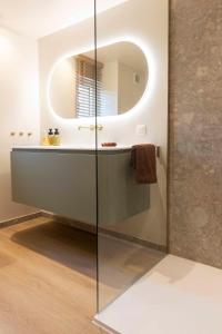 a bathroom with a shower with a sink and a mirror at ElloStays in Middelkerke +29 photos