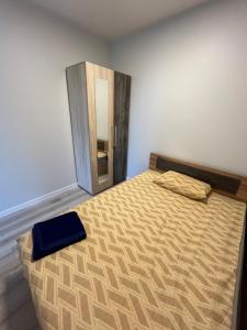 a bedroom with a bed with a mirror on it at Apartamentai 2 in Raseiniai