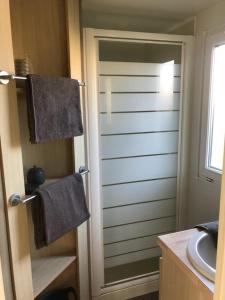 a bathroom with a shower with a mirror and a sink at Mobil homme 10 in Arvert