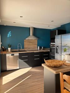 a kitchen with blue walls and stainless steel appliances at La casa bella vista in Enval