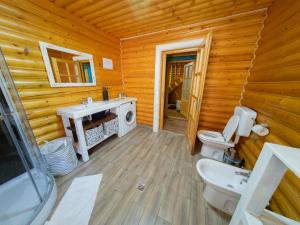 a bathroom with a toilet and a sink in a log cabin at Casa Valea Râului Vârciorog in Vîrciorog +53 photos