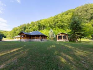 a log cabin in a field with a hill in the background at Casa Valea Râului Vârciorog in Vîrciorog