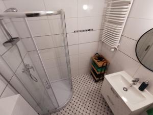 un baño con ducha y lavabo en Apartamenty Adler - Classic, en Szczecin