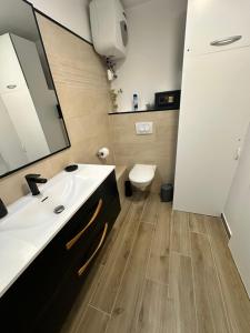 a bathroom with a white sink and a toilet at Ti Bel Soley climatisé vue mer avec réservoir d'eau in Saint-François +28 photos