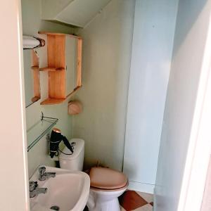 ein kleines Badezimmer mit Toilette und Waschbecken in der Unterkunft La maison de la cité médiévale in Donzenac