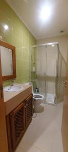 a bathroom with a sink and a shower and a toilet at Agro-Turismo do ROXO in Santa Vitória +74 photos