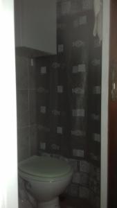 a bathroom with a toilet and a shower curtain at Depto en PH Planta baja al Frente in Buenos Aires