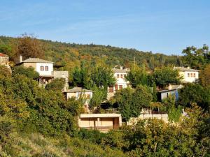 eine Gruppe von Häusern auf einem Hügel mit Bäumen in der Unterkunft Great Pelion Villa Villa Iris 4 Bedrooms Private Pool in Pilion