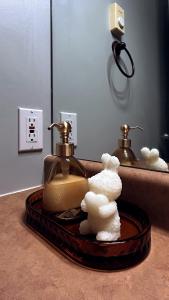 a bathroom sink with a soap dispenser and towels at Horizon Suite-Baylight in Malahat