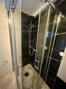 a shower with a glass door in a bathroom at Kolonjicha Dvori in Ivan Dolac +29 photos