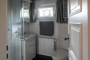 a bathroom with a toilet and a sink and a window at Blockhaus Vogelrast in Bad Lauterberg +35 photos
