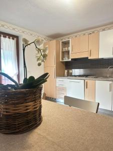 a kitchen with a vase of flowers on a counter at Villa Giardino - Flowers in Molveno +31 photos