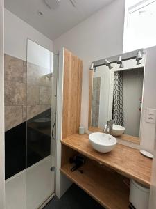une salle de bain avec un lavabo et une douche dans l'établissement Arcachon, quartier historique, Maison de ville à 2 pas de la plage, à Arcachon 19 autres photos
