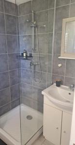 ein Badezimmer mit Dusche und Waschbecken in der Unterkunft Ground floor of villa in Brando