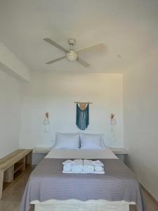 a bedroom with a bed with a ceiling fan at Marianna Studios in Donoussa