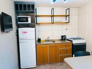 a kitchen with a white refrigerator and a microwave at Cabañas Villa de Luján in San Rafael