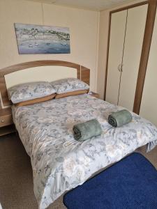 a bedroom with a bed with two pillows on it at 6 Berth Caravan For Hire In Essex, Seawick Holiday Park Ref 27016R in Clacton-on-Sea