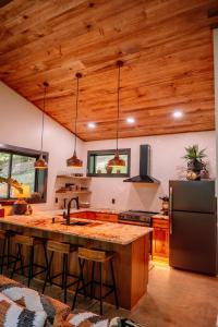 a kitchen with wooden ceilings and a large kitchen island at Native Legacy in Loudonville +28 photos