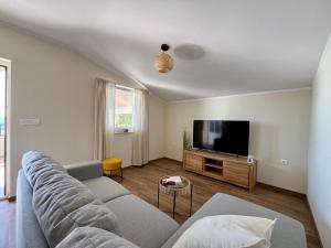 a living room with a couch and a flat screen tv at Apartment More in Košljun