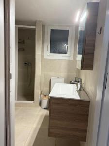 a small bathroom with a sink and a shower at Villia home in Vília +28 photos