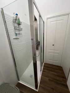 a bathroom with a shower with a glass door at Angera Via Roma in Angera +30 photos
