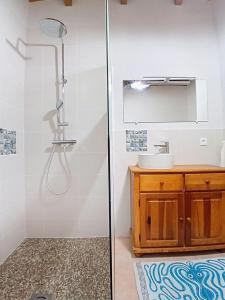 un bagno con doccia e lavandino di LA BERGERIE calm nature & authenticity a Paladru Altre 24 foto