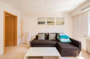 a living room with a brown couch with pillows at Centerluxfirst in Ferme Thibesart