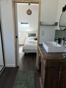 a bathroom with a sink and a bed and a mirror at La grange de La Contie in Perpezac-le-Blanc +31 photos