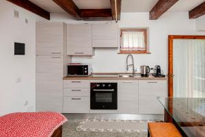 Una pequeña cocina con fregadero y estufa. en E-bike e tennis gratuiti -2 min Piana Vigezzo ski-, en Craveggia