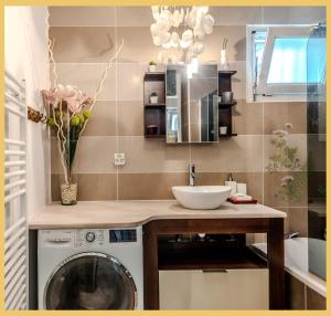 Saint-Jeoire-PrieuréにあるChez Mélanie I T3 I Saint-Jeoireの洗濯機と洗面台を備えたバスルーム +20枚の写真