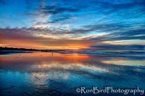 a sunset on a beach with a reflection in the water at 3976 Mirka's Beach House home in Pacific Grove +23 photos