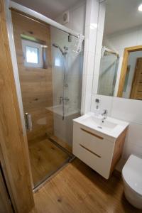 a bathroom with a shower and a sink and a toilet at Apartament Perfect House Morski 8 in Władysławowo