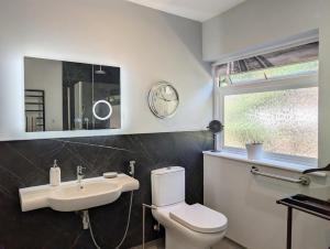 a bathroom with a toilet and a sink and a mirror at Barn Cottage in Wick +18 photos