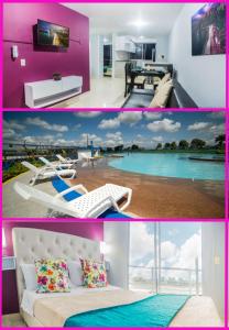 a collage of photos of a room with a bed and a pool at Apartamento con parqueadero, piscinas y wifi a 5 min del parque del café in Montenegro