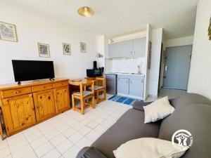 un soggiorno con divano e TV a schermo piatto di Le grand bleu a Narbonne Altre 5 foto