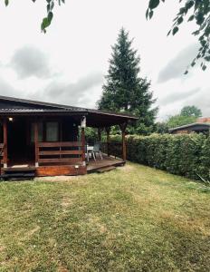 a cabin with a deck and a tree at Letnisko na Pierkunowie in Giżycko
