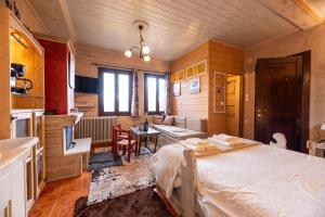 アラコバにあるAgiaz Cozy Apartments Arachovaのベッドとリビングルームのある寝室