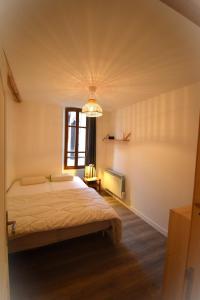 a bedroom with a bed and a window and a chandelier at Le Victoria in Briançon