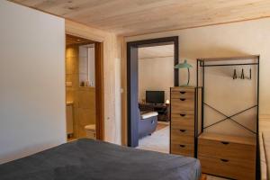 a bedroom with a bed and a dresser with a mirror at Gîte Centre Santé Bien-être Naturéconnaissance in Usclas-du-Bosc