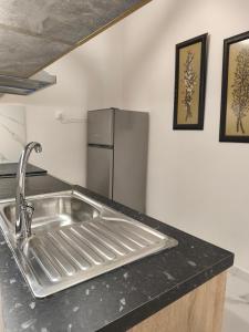 een keuken met een spoelbak en een koelkast bij LUX Central in Alexandroupoli