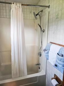 a shower with a white shower curtain in a bathroom at Katahdin Valley Motel in Sherman +47 photos