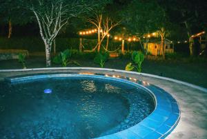 a swimming pool in a yard at night at El Campito Lodge in Ayampe