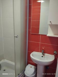 Un baño con lavabo, inodoro y espejo. en Hostel Lux, en Bitola