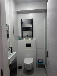 Un baño blanco con inodoro y lavabo. en Guest 19, en Kutaisi