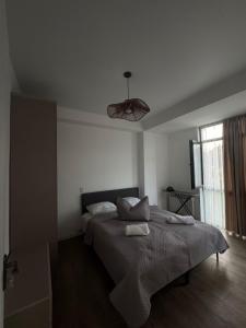 Un dormitorio con una cama y un ventilador de techo. en Guest 19, en Kutaisi